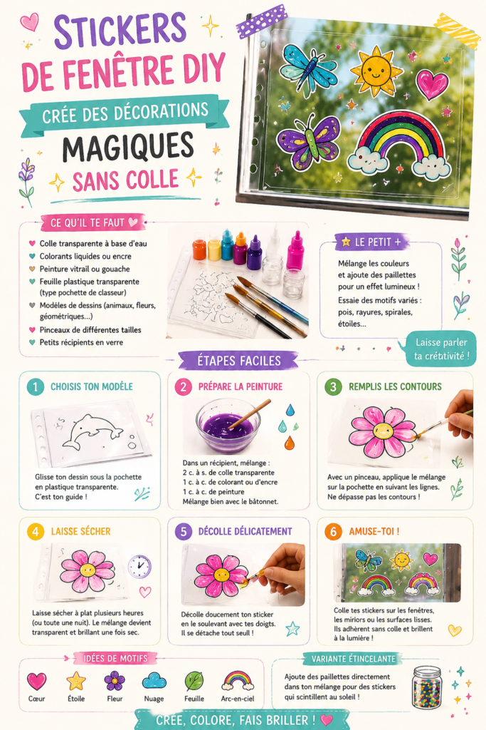 Stickers de fenêtre DIY colorés créés sans colle, embellissant un intérieur moderne.