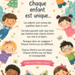 Un groupe d'enfants jouant ensemble, illustrant leur unicité au sein d'une activité ludique et éducative.