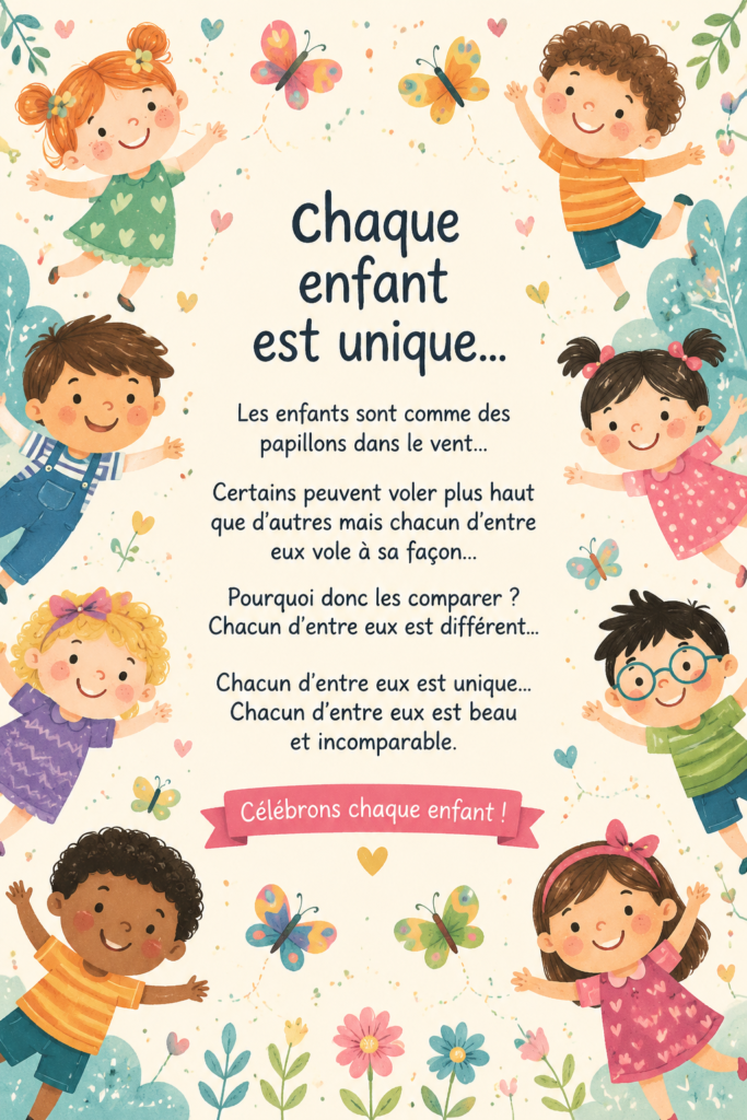 Un groupe d'enfants jouant ensemble, illustrant leur unicité au sein d'une activité ludique et éducative.