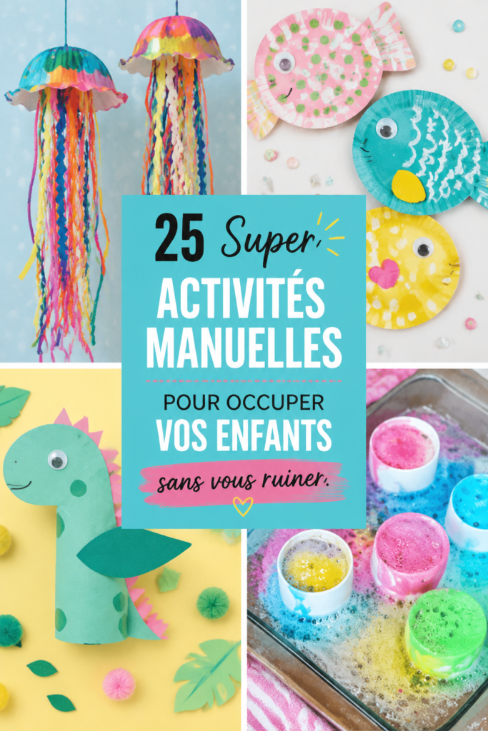 25 activités manuelles pour enfants à petit prix, illustrant diverses créations colorées.