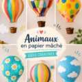 Des animaux en papier mâché colorés réalisés par des enfants, illustrant la créativité.