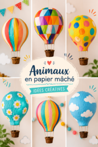 Des animaux en papier mâché colorés réalisés par des enfants, illustrant la créativité.