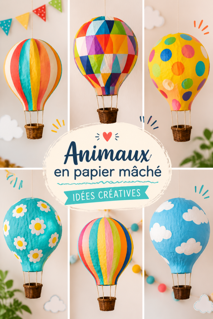 Des animaux en papier mâché colorés réalisés par des enfants, illustrant la créativité.