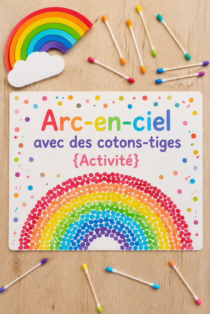 Un arc-en-ciel coloré réalisé avec des cotons-tiges par des enfants.