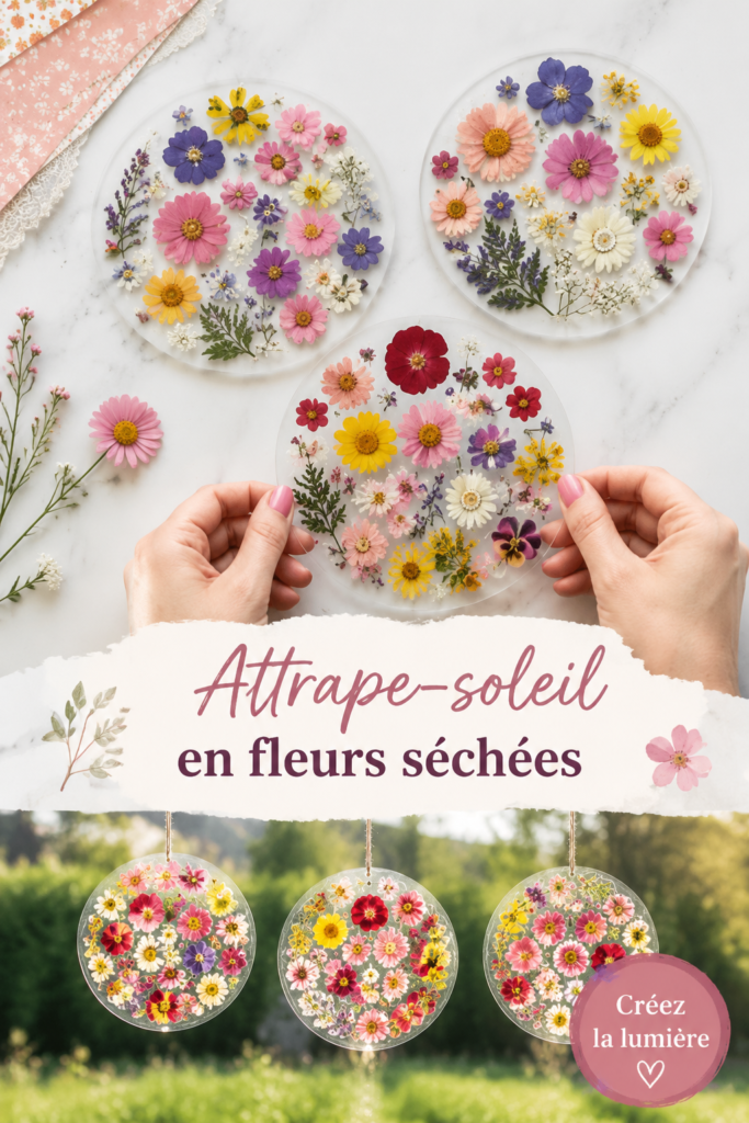 Attrape-soleil lumineux réalisé avec des fleurs pressées colorées