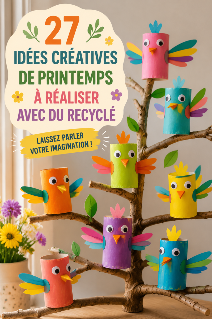 une variété de bricolages printaniers réalisés avec des matériaux recyclés