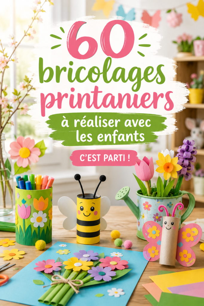 Bricolages de printemps réalisés par des enfants, mettant en avant des fleurs colorées en papier