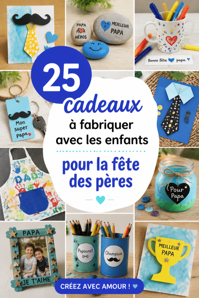Cadeaux faits maison pour la fête des pères réalisés avec des enfants.