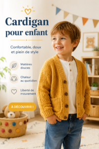 Un enfant portant un cardigan coloré, confortablement vêtu pour la saison.
