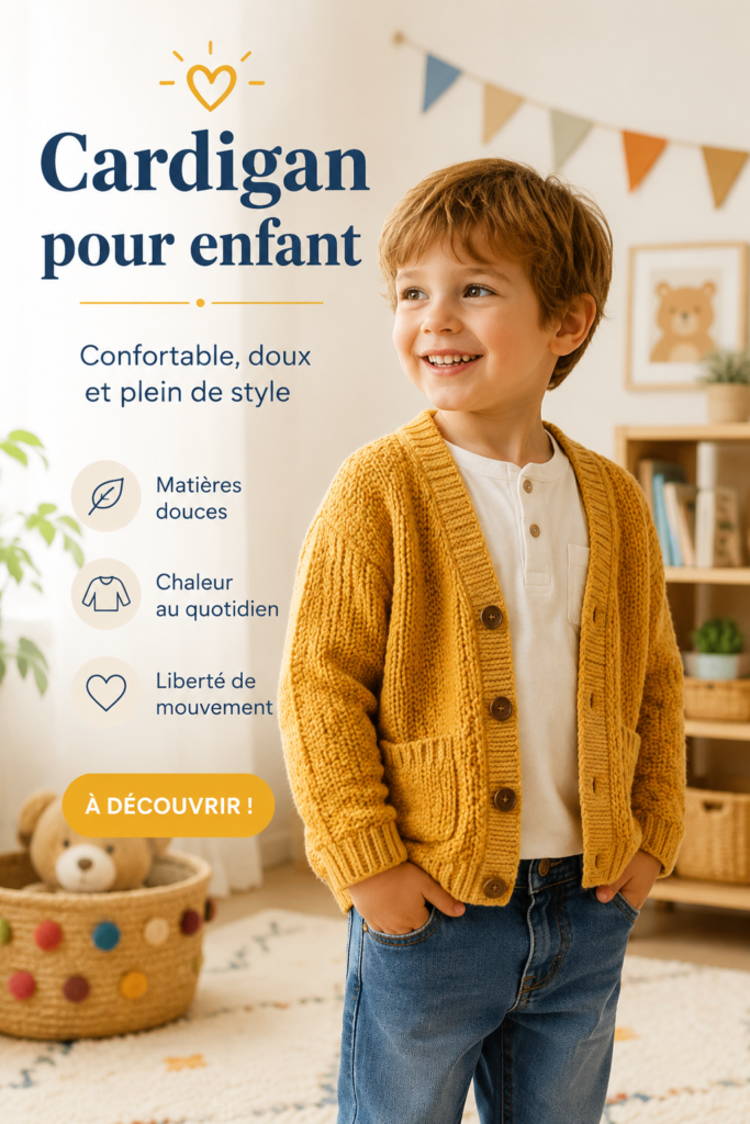 Un enfant portant un cardigan coloré, confortablement vêtu pour la saison.