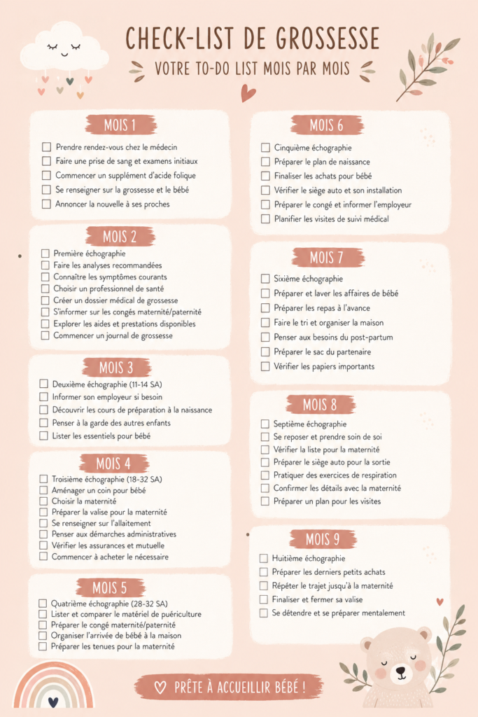 Une checklist illustrée pour une grossesse sereine avec des éléments essentiels