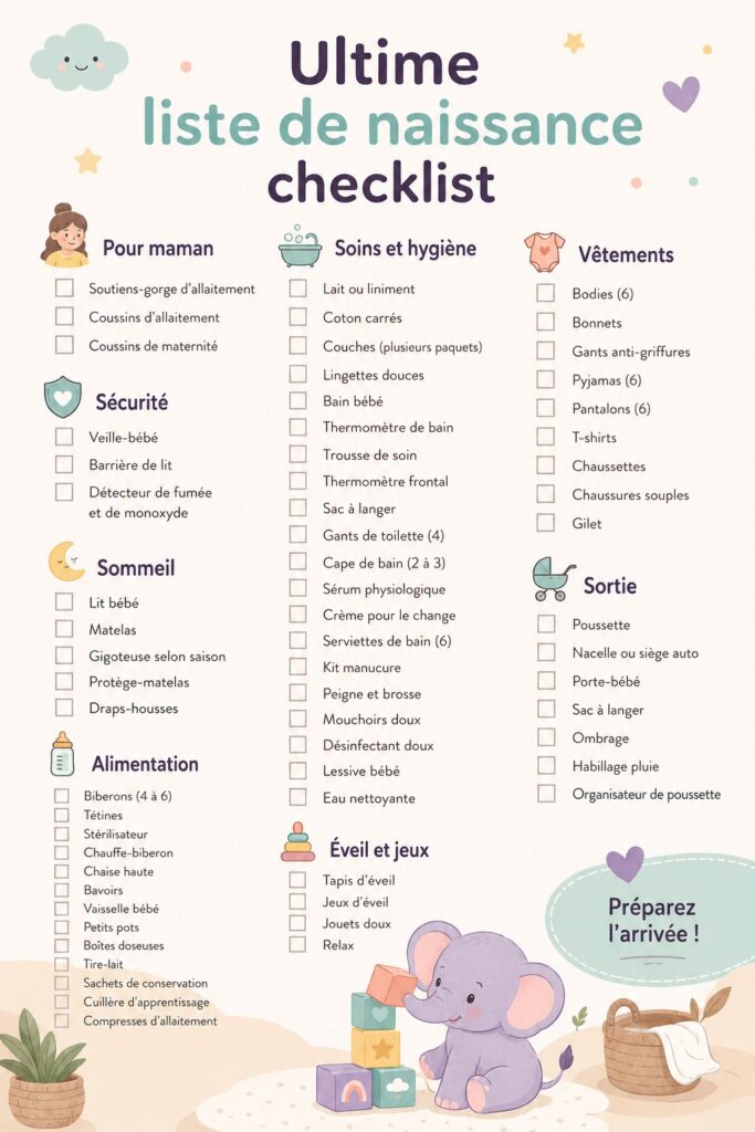 Checklist ultime pour la préparation à l'arrivée de bébé avec des équipements et vêtements indispensables.