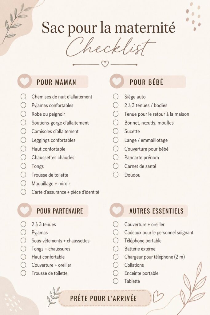 Checklist avec les articles essentiels pour le sac d'hôpital de maternité