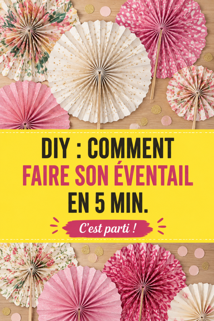 Un éventail DIY coloré fabriqué à la main, posé sur une table en bois.