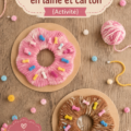 Activité manuelle avec des donuts en laine et carton créée par des enfants.