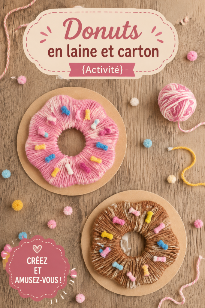 Activité manuelle avec des donuts en laine et carton créée par des enfants.