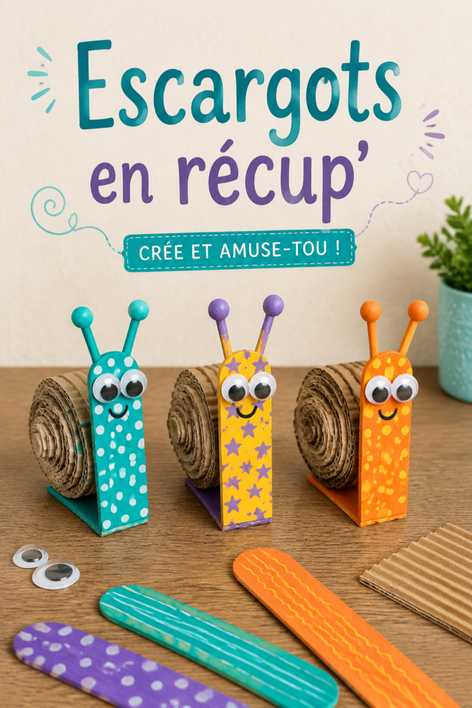 Escargots décoratifs réalisés à partir d'objets recyclés, colorés et ludiques dans un jardin familial