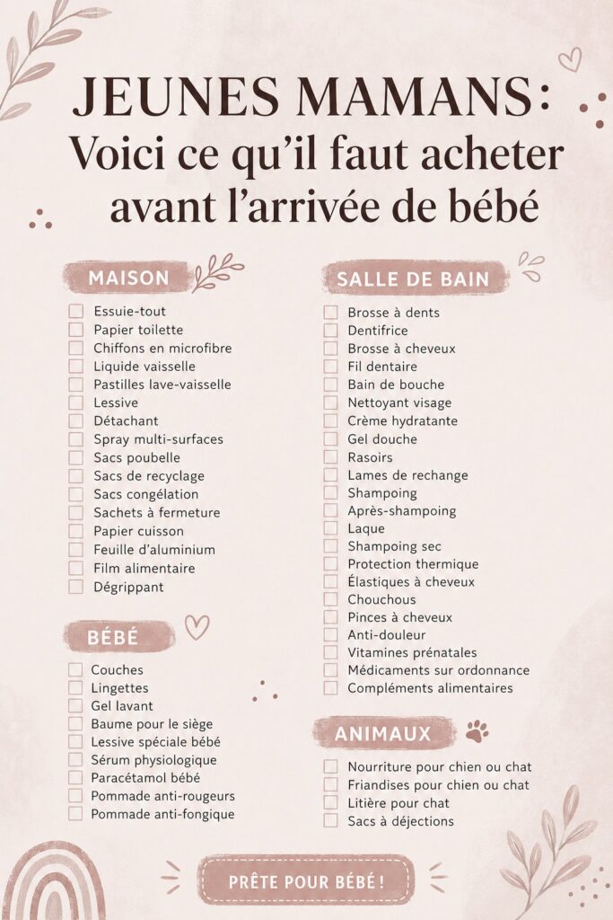 Liste des achats indispensables pour l'arrivée d'un bébé, avec des articles de puériculture et de sécurité.
