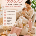 Une nouvelle maman souriante portant des vêtements douillets et entourée d'accessoires pratiques.