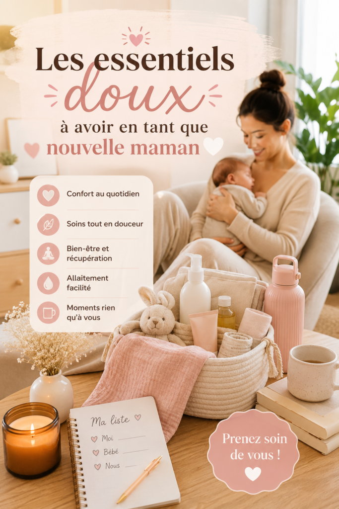 Une nouvelle maman souriante portant des vêtements douillets et entourée d'accessoires pratiques.