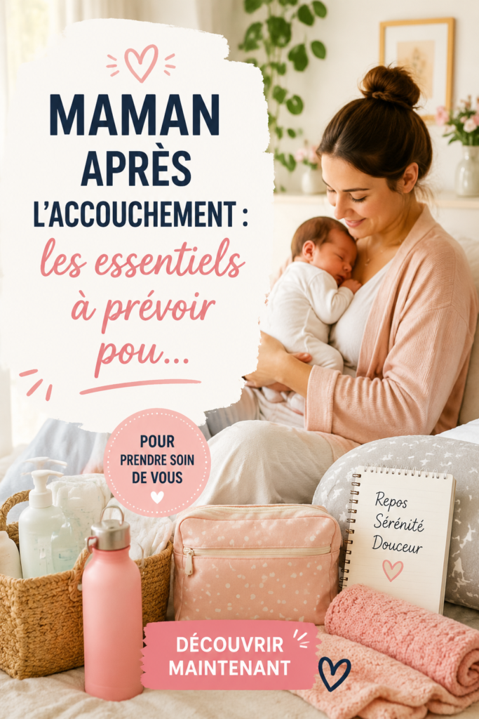 Une maman heureuse entourée de ses essentiels de maternité après l'accouchement.