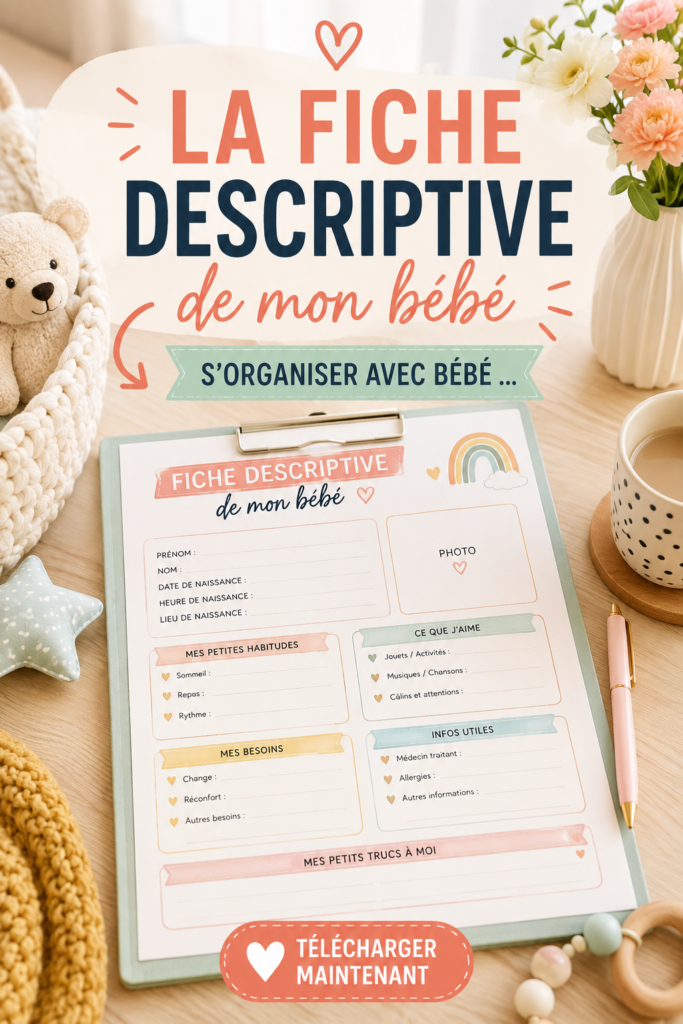 Une fiche descriptive pour le suivi de bébé, sur une table avec des jouets.