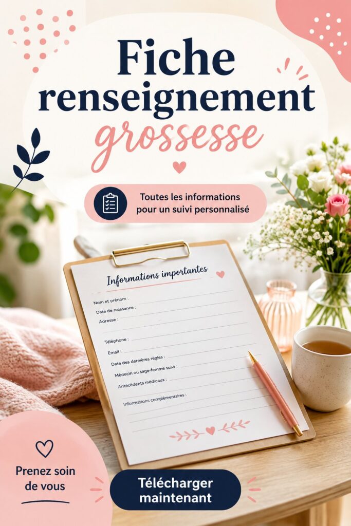Fiche de renseignement grossesse avec des sections à remplir pour suivre la grossesse