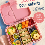 Boîte à lunch colorée avec des aliments sains pour enfants, illustrant des idées de repas à emporter.