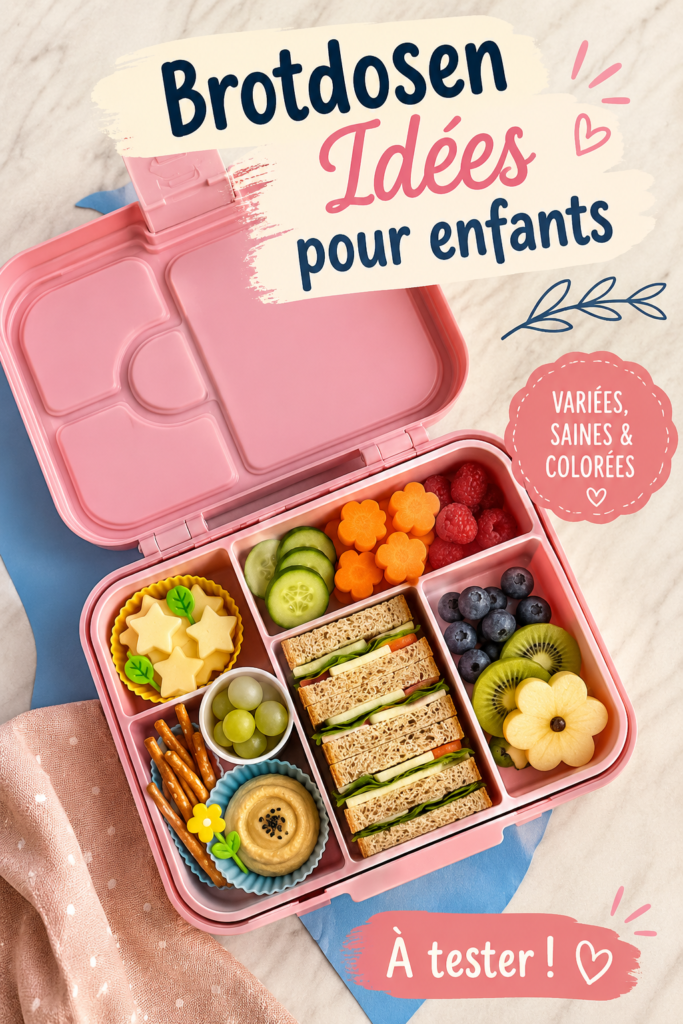 Boîte à lunch colorée avec des aliments sains pour enfants, illustrant des idées de repas à emporter.