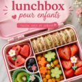 Lunchbox colorée avec des recettes équilibrées pour enfants, incluant fruits et légumes.