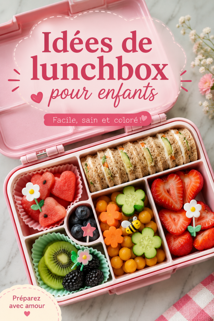 Lunchbox colorée avec des recettes équilibrées pour enfants, incluant fruits et légumes.