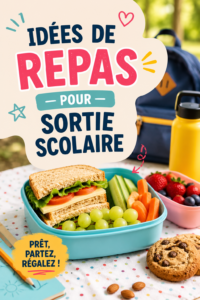 Repas sains et colorés pour une sortie scolaire, comprenant des wraps, des fruits et des biscuits faits maison