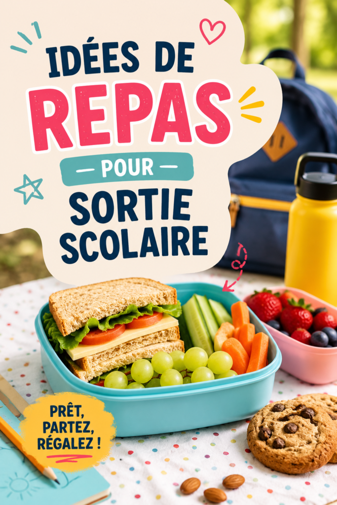 Repas sains et colorés pour une sortie scolaire, comprenant des wraps, des fruits et des biscuits faits maison