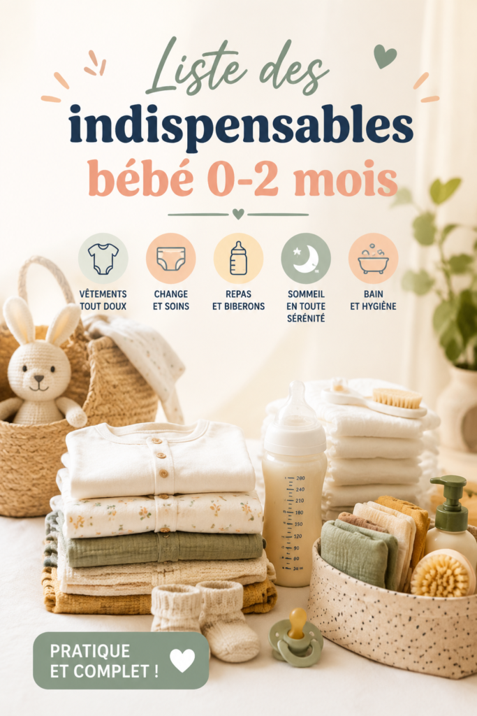Liste des indispensables pour un bébé de 0 à 2 mois, avec un trousseau complet.