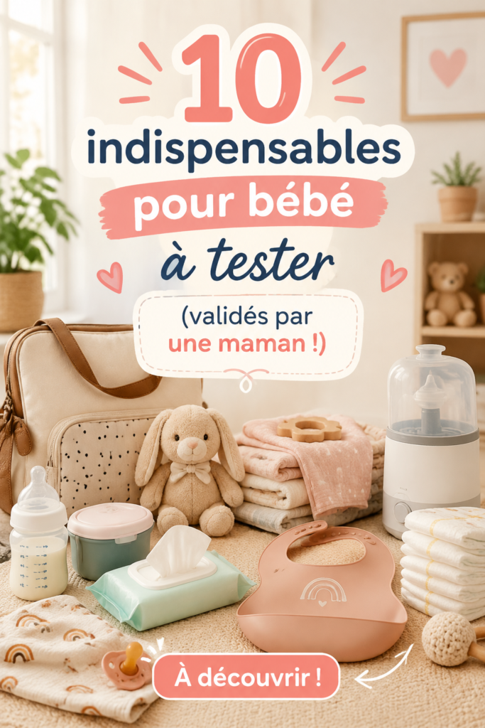 Une maman souriante avec ses indispensables pour bébé sur une table