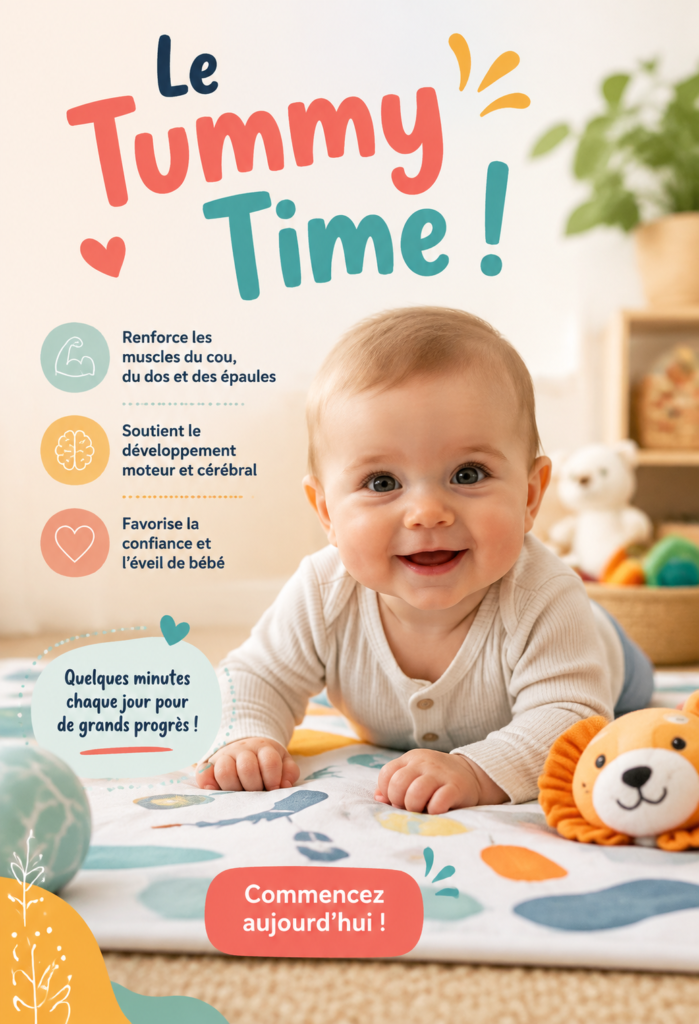 Un bébé sur le ventre en Tummy Time, développant ses muscles du cou