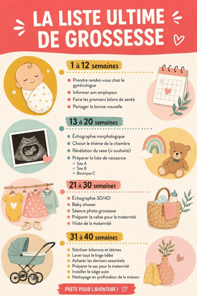 Liste ultime des choses à faire pendant la grossesse avec des illustrations de préparatifs