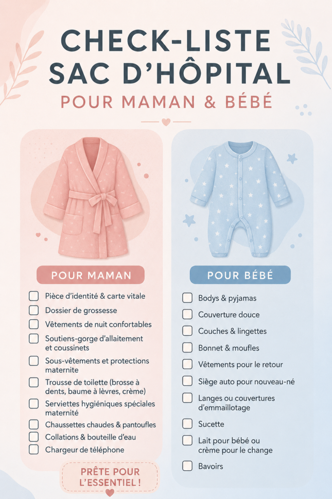 Sac à maternité minimaliste prêt pour l'hôpital avec des essentiels pour maman et bébé.