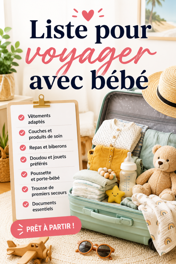 Checklist pour un voyage avec un bébé, montrant les indispensables à emporter