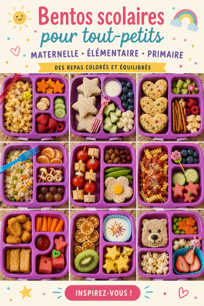 Lunch bento coloré et équilibré pour enfants avec diverses préparations saines.