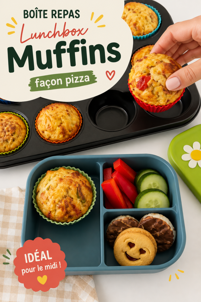 Muffins salés à la pizza fraîchement cuits, présentés sur une table de cuisine.