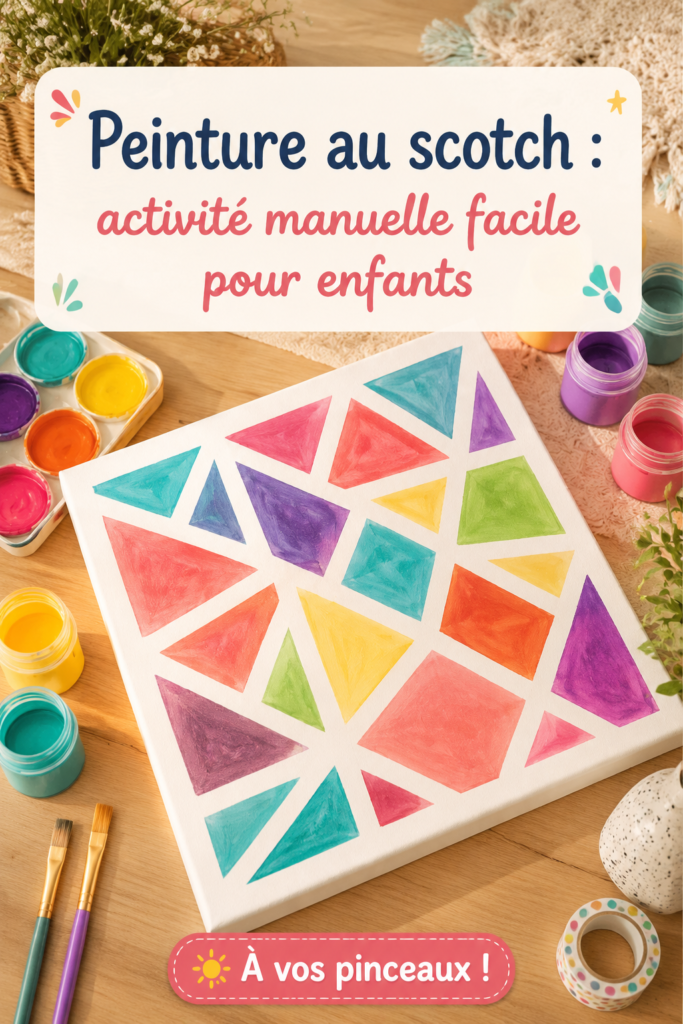 Un enfant en train de peindre avec des bandes de scotch et de la peinture colorée sur une feuille.