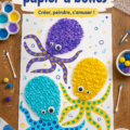 Une pieuvre en papier à bulles colorée créée par des enfants lors d'une activité manuelle.