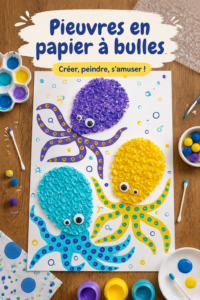 Une pieuvre en papier à bulles colorée créée par des enfants lors d'une activité manuelle.