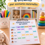 Planning d'accueil pour enfants en assistante maternelle avec des couleurs vives et des activités bien organisées.