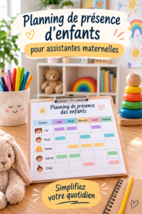 Planning d'accueil pour enfants en assistante maternelle avec des couleurs vives et des activités bien organisées.