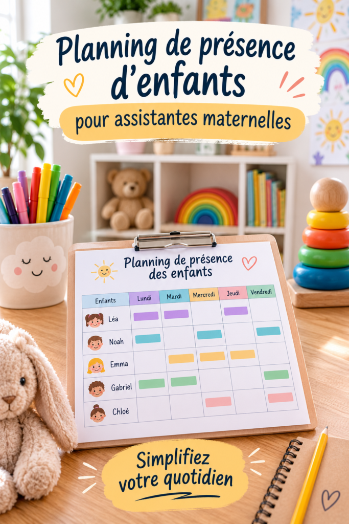 Planning d'accueil pour enfants en assistante maternelle avec des couleurs vives et des activités bien organisées.