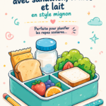 Lunchbox colorée avec un sandwich, fruits et lait, prête pour l'école