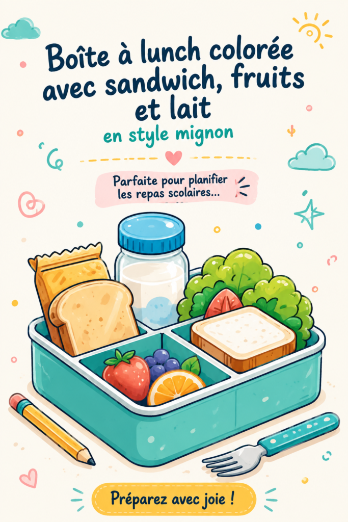 Lunchbox colorée avec un sandwich, fruits et lait, prête pour l'école