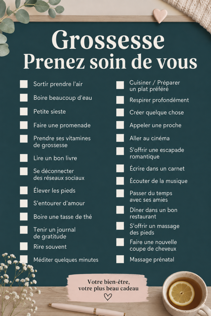 Femme enceinte se relaxant dans un cadre apaisant, représentant le soin de soi pendant la grossesse.